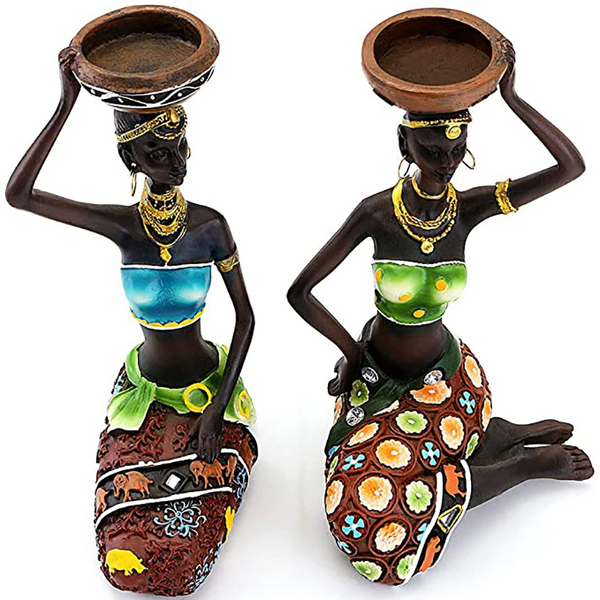 African Women Resin Candle Holder Set for Elegant Home Décor
