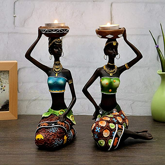 African Women Resin Candle Holder Set for Elegant Home Décor