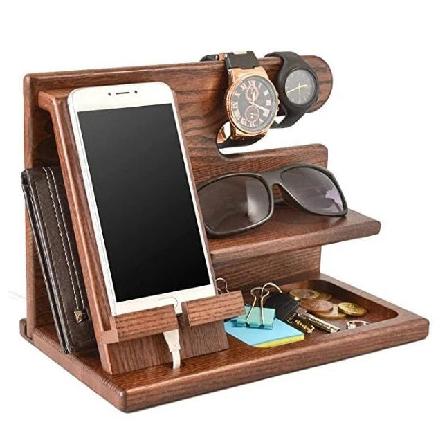 Eco Wood Desk Organizer with Phone Charging Station Stand