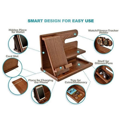 Eco Wood Desk Organizer with Phone Charging Station Stand