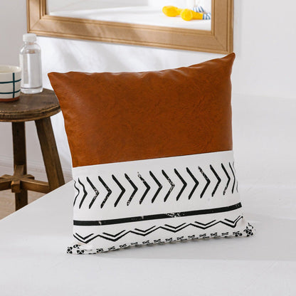 Brown Faux Leather Cotton Cushion Cover with Geometric Print