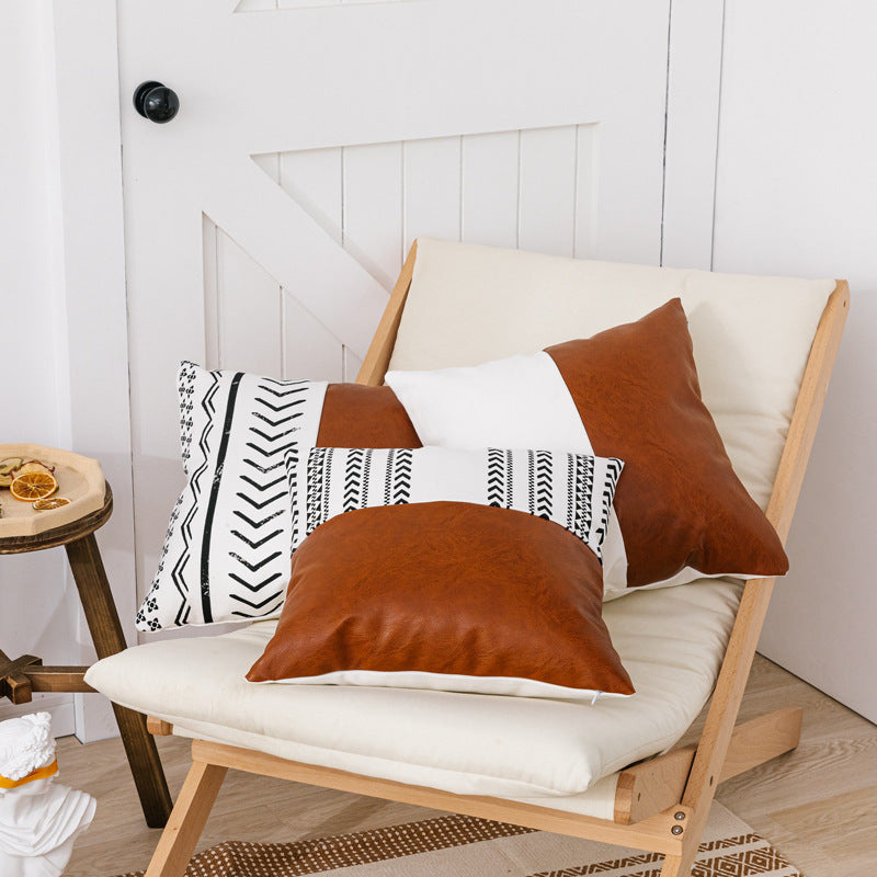 Brown Faux Leather Cotton Cushion Cover with Geometric Print