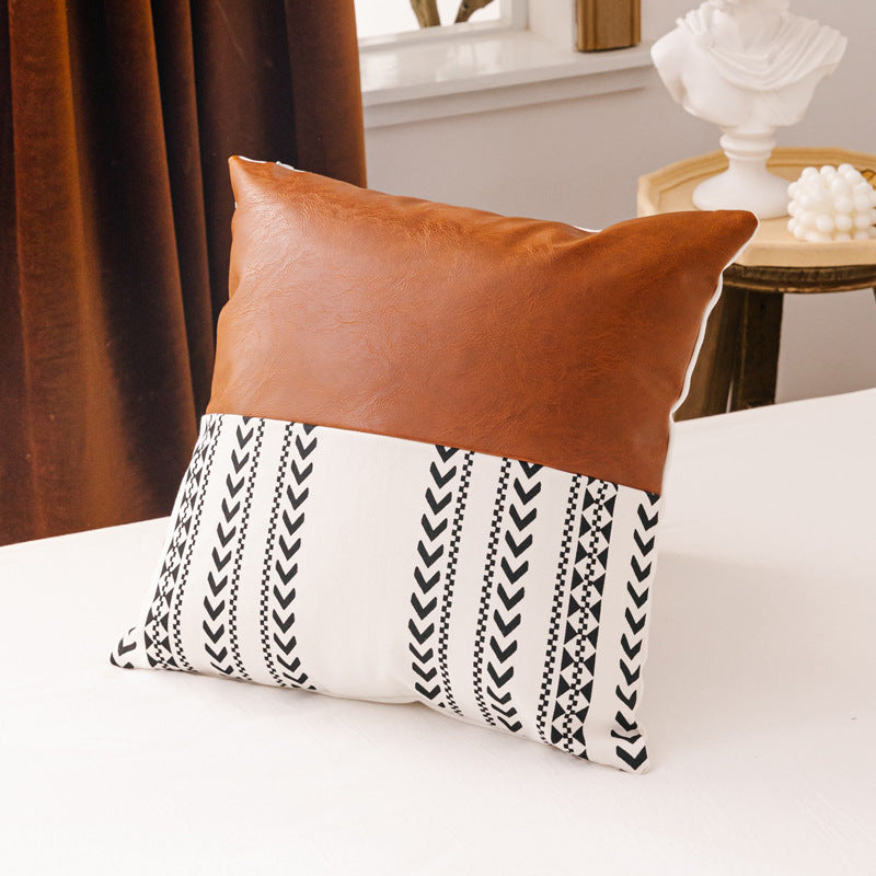 Brown Faux Leather Cotton Cushion Cover with Geometric Print