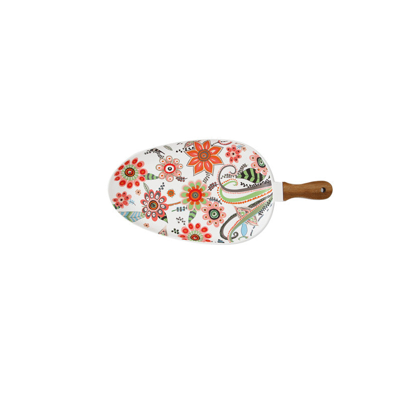 Nordic Ceramic Serving Tray with Wooden Handle & Floral Design