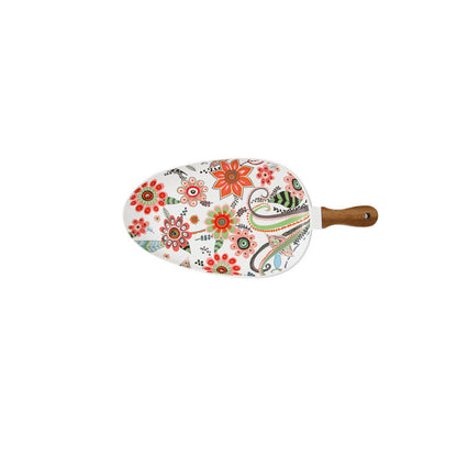 Nordic Ceramic Serving Tray with Wooden Handle & Floral Design