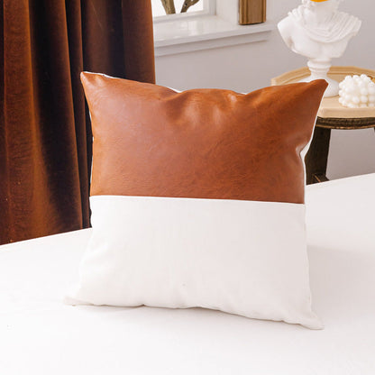 Brown Faux Leather Cotton Cushion Cover with Geometric Print