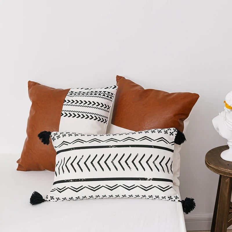 Brown Faux Leather Cotton Cushion Cover with Geometric Print