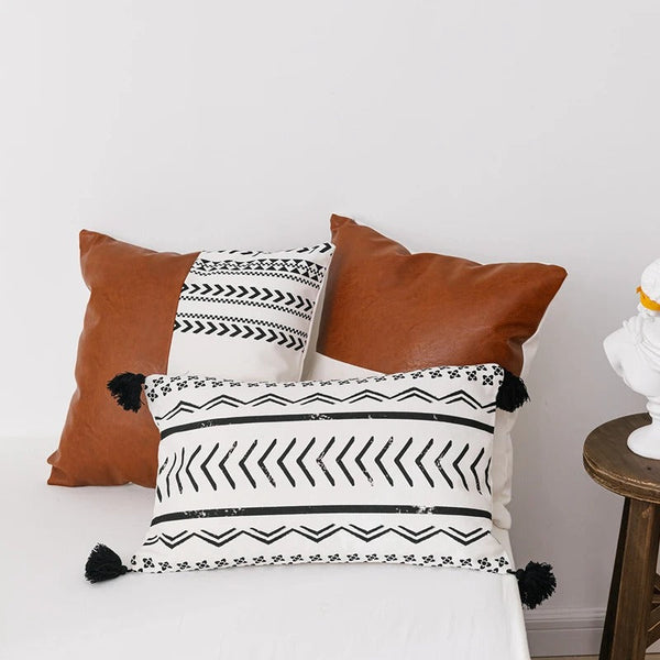 Brown Faux Leather Cotton Cushion Cover with Geometric Print