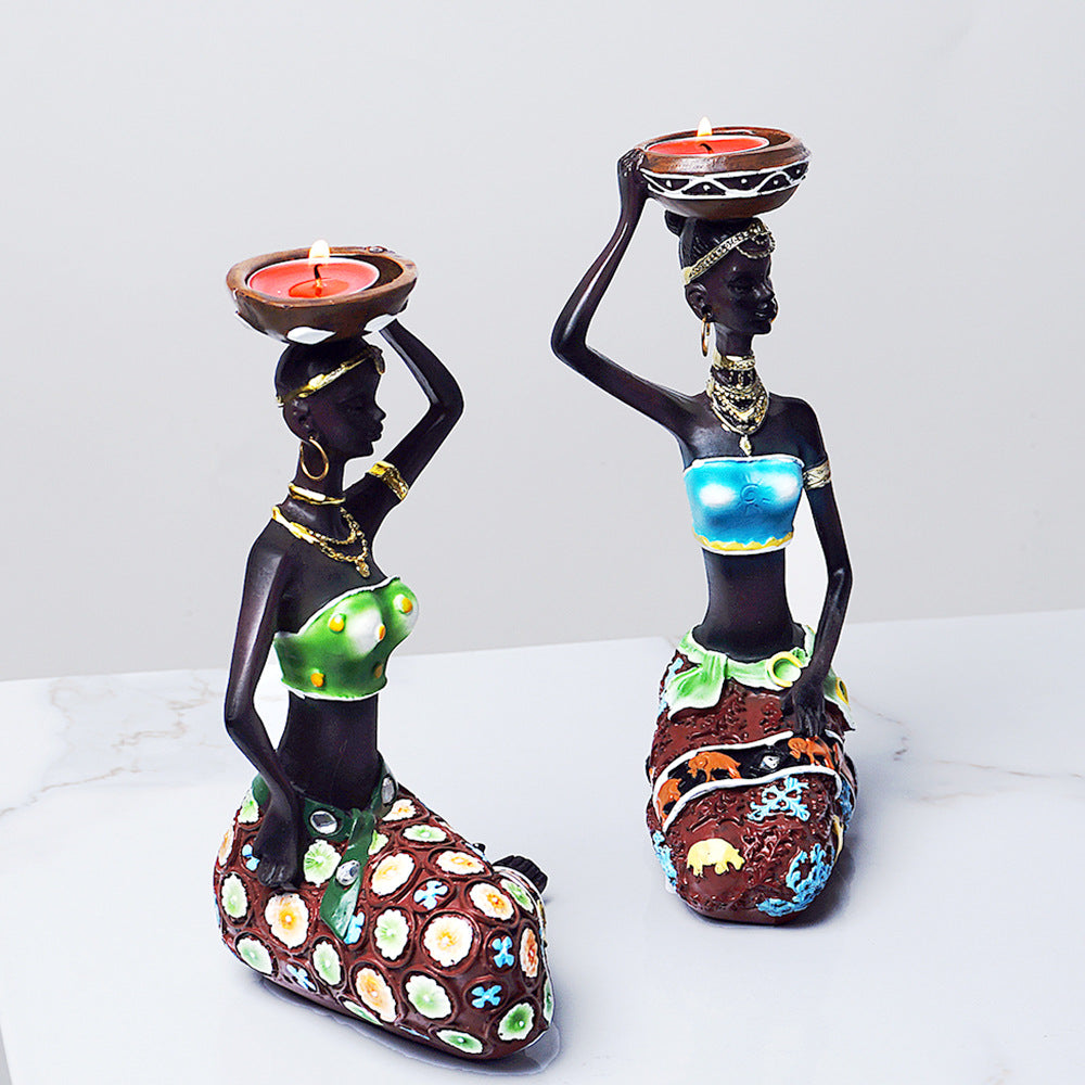 African Women Resin Candle Holder Set for Elegant Home Décor
