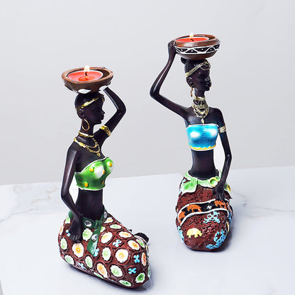 African Women Resin Candle Holder Set for Elegant Home Décor