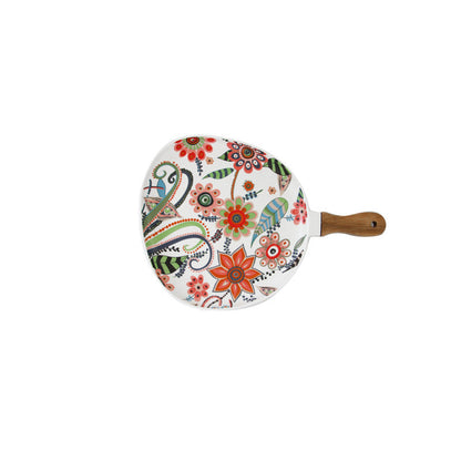 Nordic Ceramic Serving Tray with Wooden Handle & Floral Design