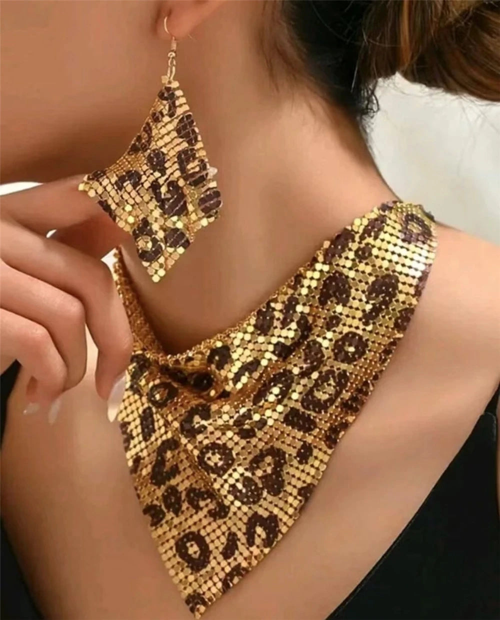 Leopard Print Bib Necklace & Earring Set - side view