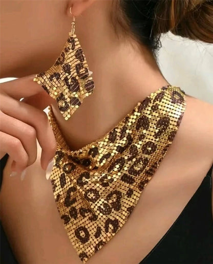 Leopard Print Bib Necklace & Earring Set - side view