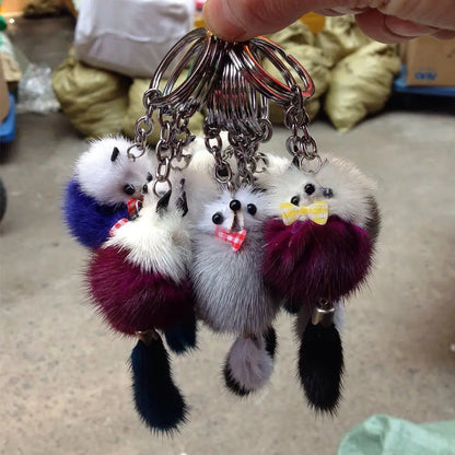 Fluffy fur pom animal keychain, front view