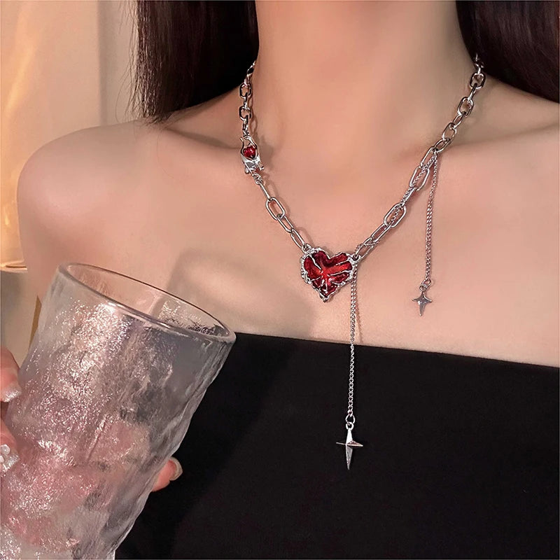 Y2K Gothic Red Heart Necklace - close-up of details