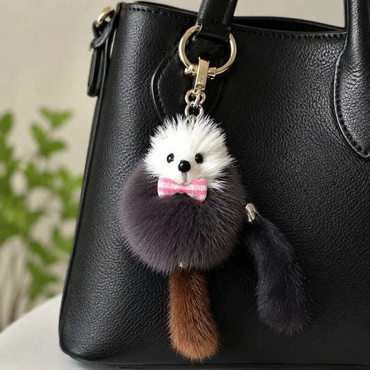 A black faux-leather handbag with a fluffy hedgehog keychain charm featuring a white and dark gray body, pink bow tie, and brown tail, hanging from a gold-tone ring.