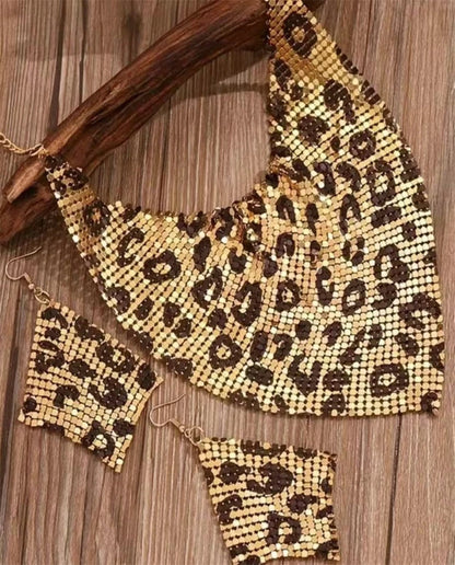 Leopard Print Bib Necklace & Earring Set - in use