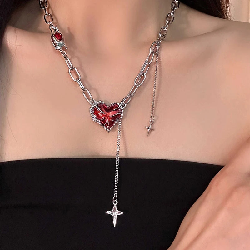 Y2K Gothic Red Heart Necklace - side view
