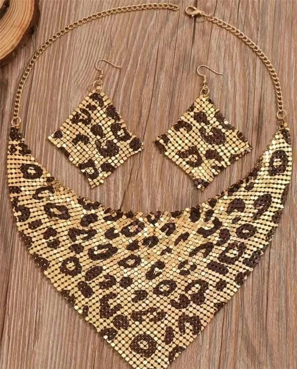 Leopard Print Bib Necklace & Earring Set - close-up of details