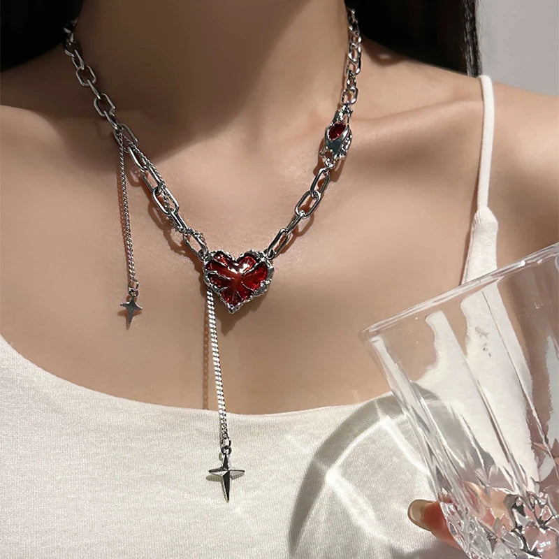 Y2K Gothic Red Heart Necklace - in use